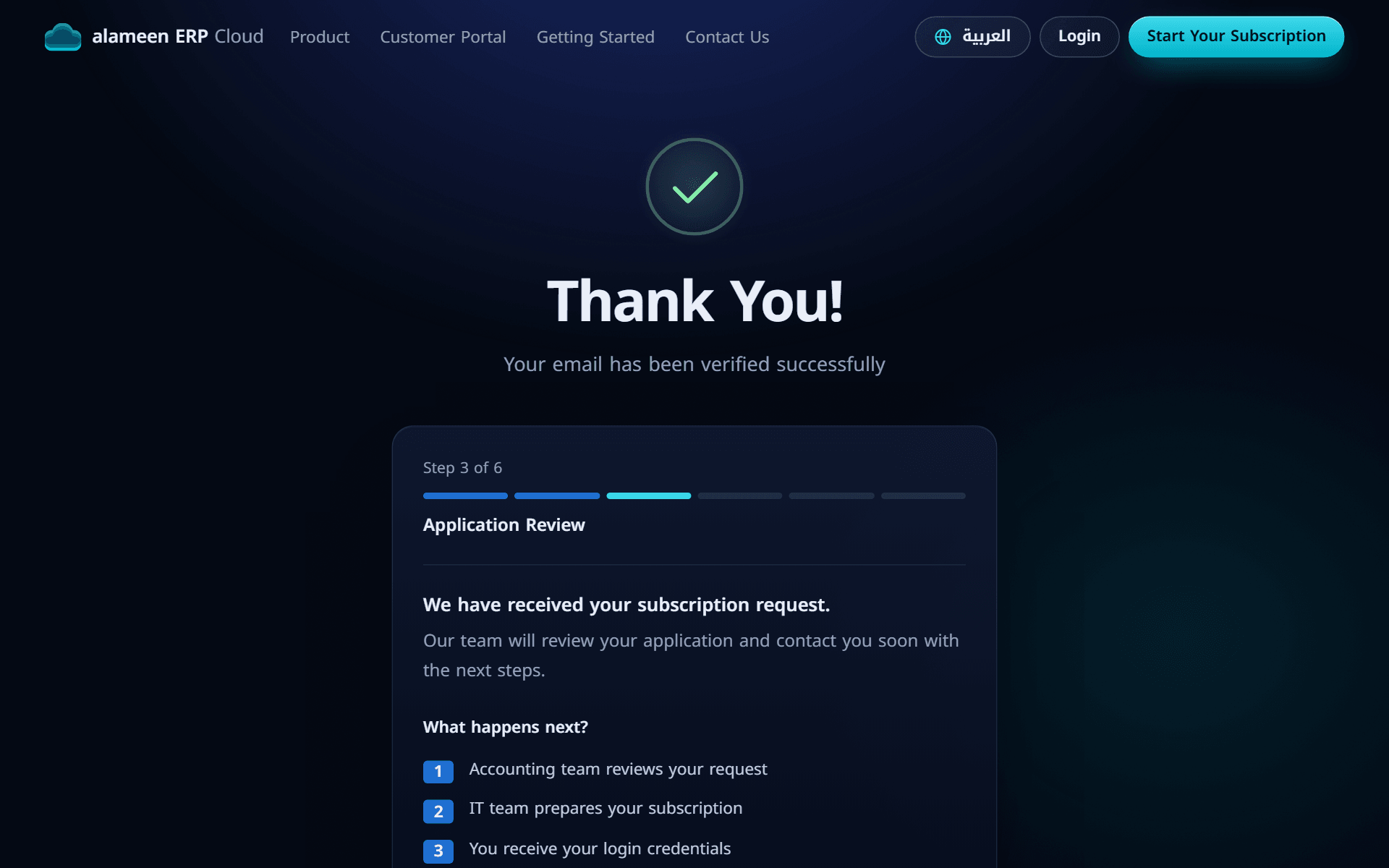 The Thank You page confirming that the email address is verified