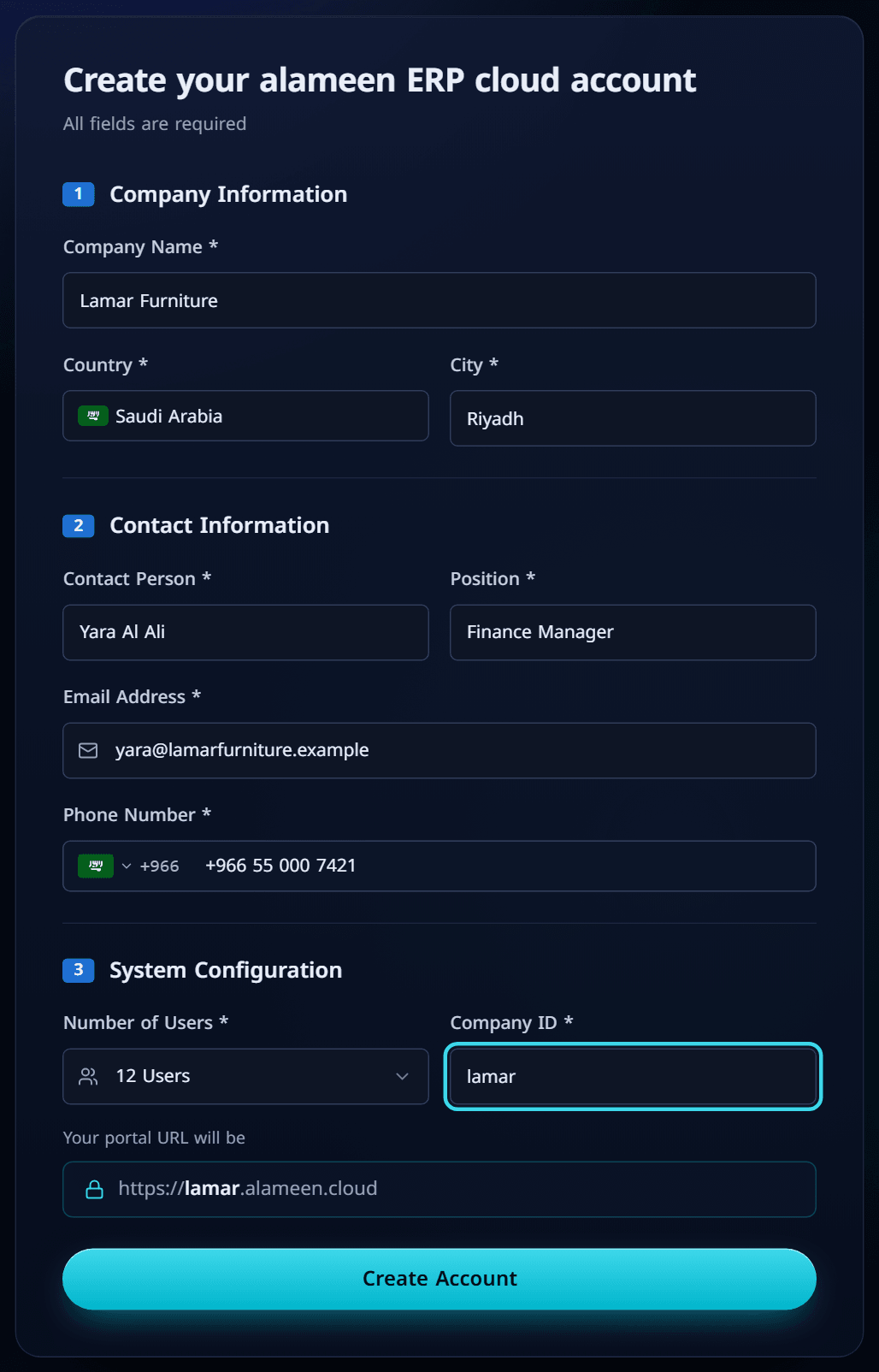 The sign-up form filled in with company, contact and system details
