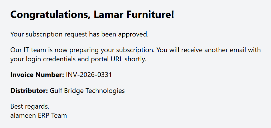 The approval email with the invoice number and distributor