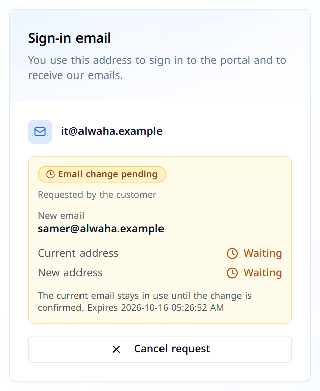 The Sign-in email card showing a pending change