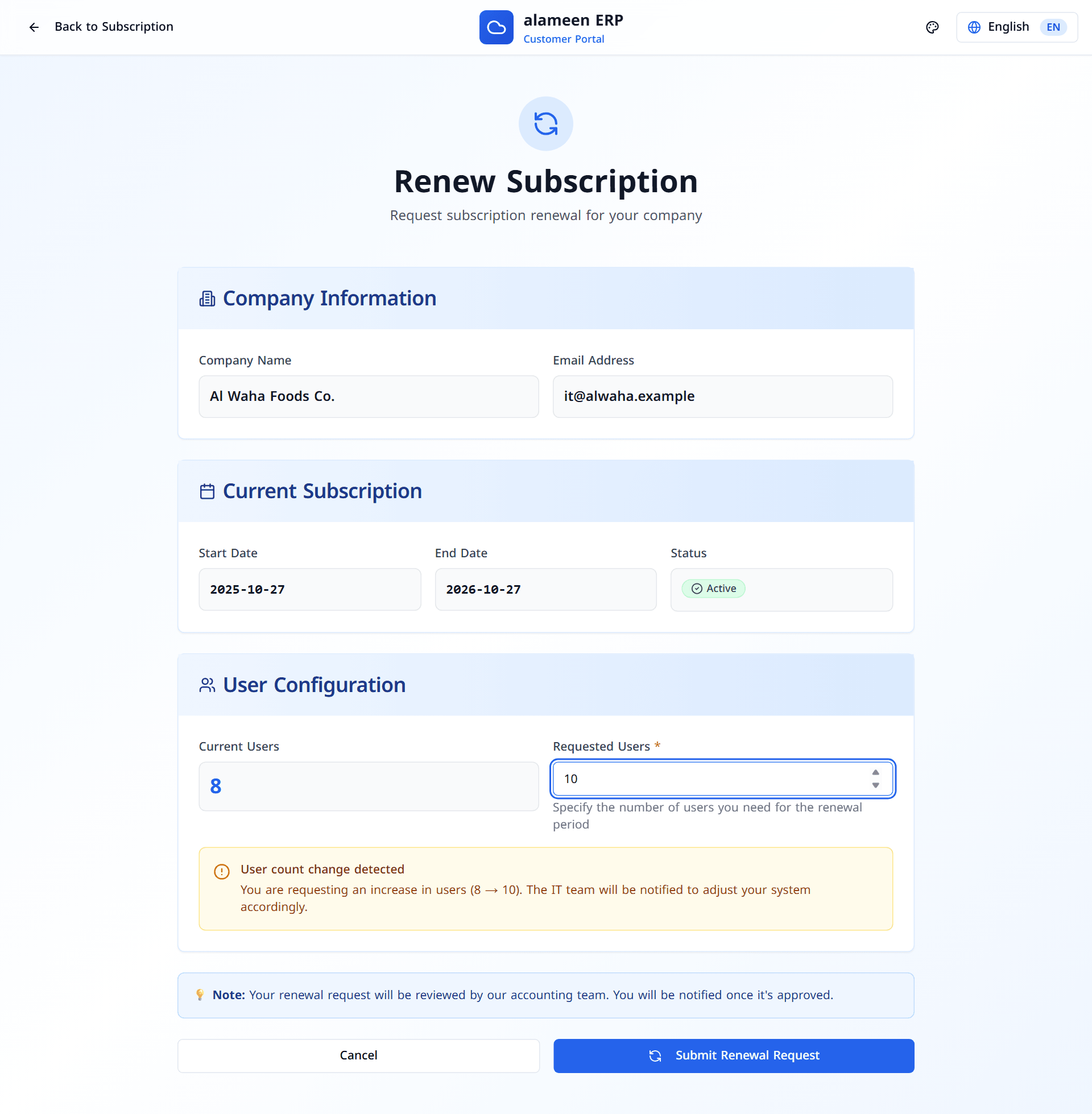 The Renew Subscription page with a change from 8 to 10 users