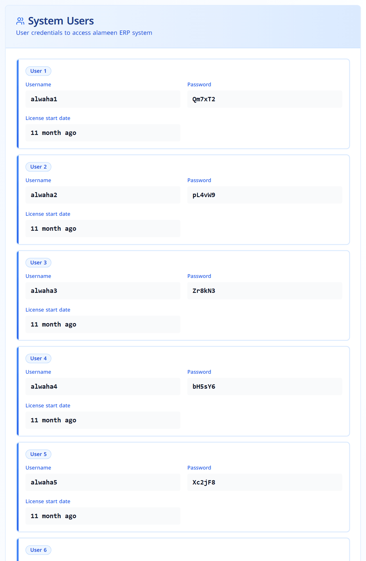 The System Users card with a username and password for each user