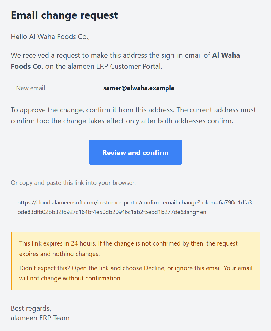 The confirmation email sent to the new address